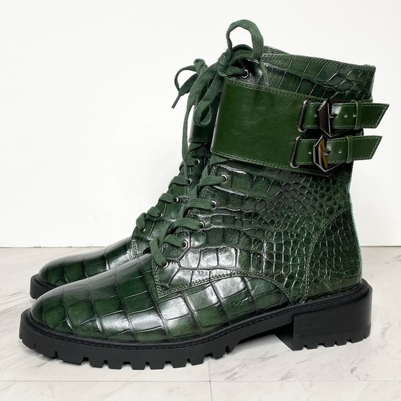 New! Vince Camuto Fawdry Green Crocodile Embossed Leather Lace Up Boot 9 1/2 M